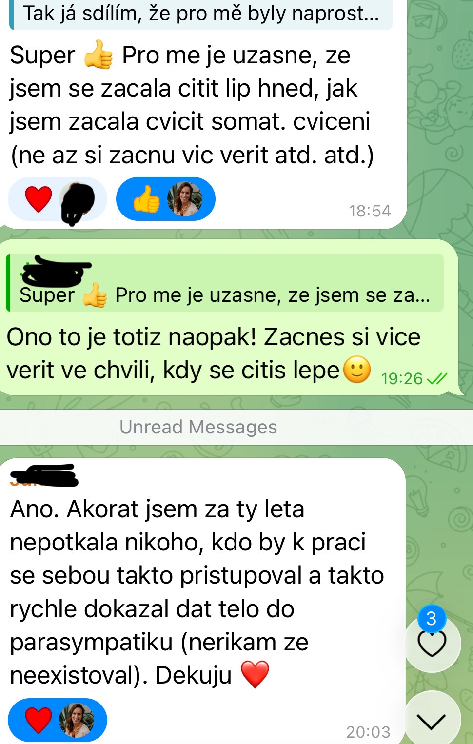 Zpráva od klientky — po somatických cvičeních se tělo rychle zklidní