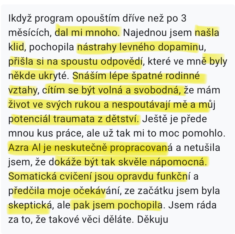 Zpráva od klientky — našla klid, svoboda a fungující somatická cvičení